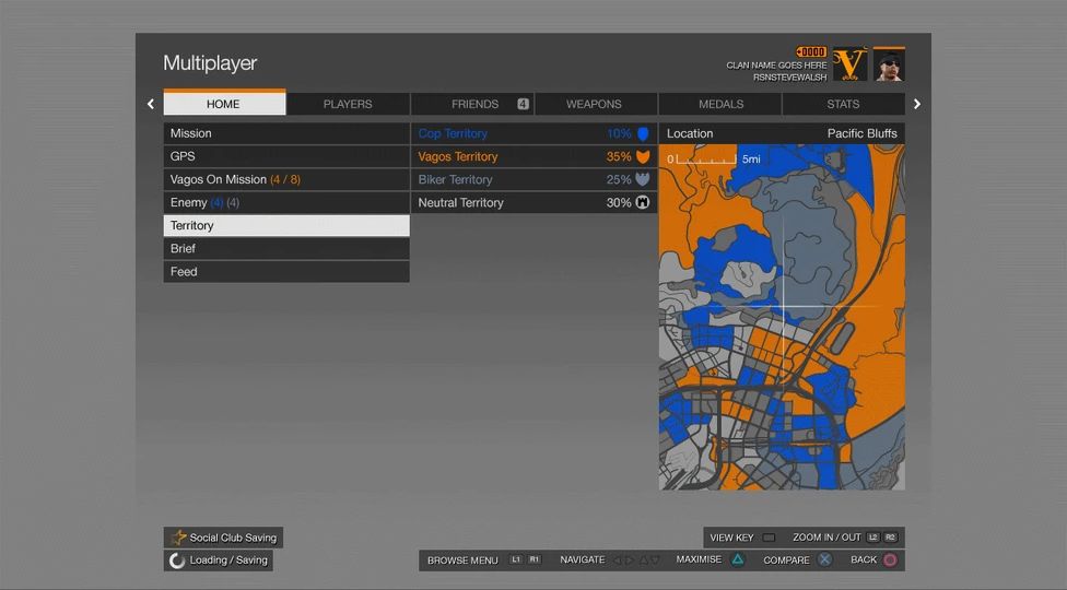 Menu « Multiplayer » de la version bêta : onglets Home, Players, Friends, Weapons, Medals et Stats, liste Mission, GPS, Vagos On Mission, Enemy, Territory, partage du territoire entre police, Vagos et bikers, et carte coloriée par territoire autour de Pacific Bluffs