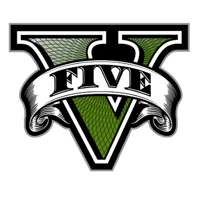 Logo de Grand Theft Auto V, le V vert barré du ruban « FIVE »