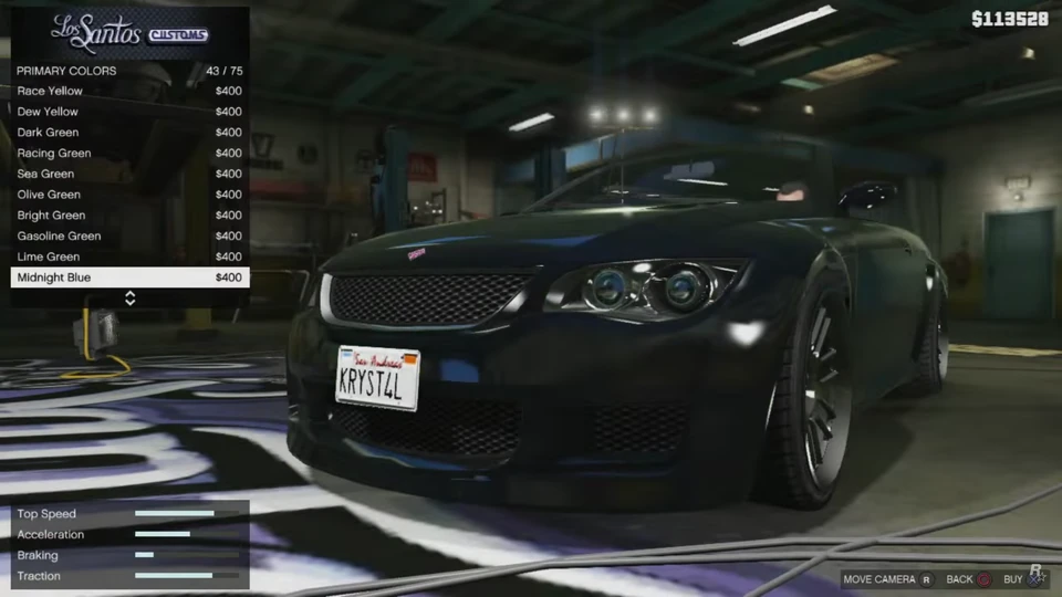 Le garage de Los Santos Customs avec un tableau de statistiques différent en bas à gauche